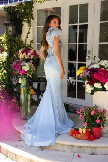 Ava Presley 39558 Ruffle Shoulder Sheer Embellished Bodice Dress