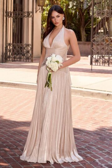 LaDivine CD412 Plunging Halter Neckline Ruched Dress