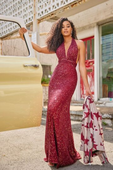 Colette CL5115 Plunging Halter Sequin Dress