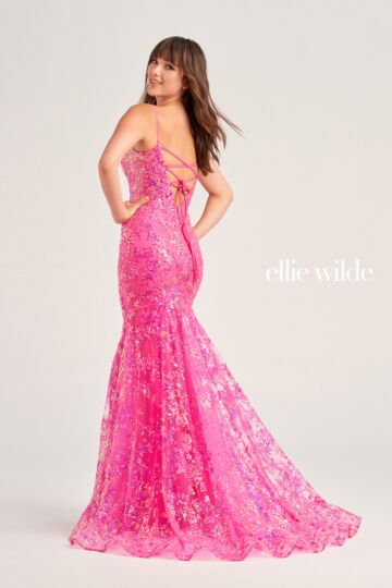 Ellie Wilde EW35013 Plunging Neck Glitter Embroidery Dress
