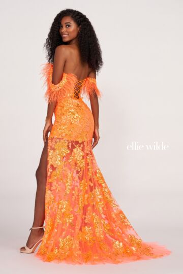 Ellie Wilde EW34034 Feather Sleeve Illusion Fit-And-Flare Dress