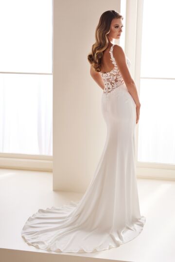 Enchanting by Mon Cheri E604 Sheer Lace Back Draped Bridal Gown