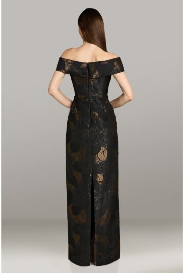 Feriani Couture 18567 Off The Shoulder Black Bronze Side Drape Dress