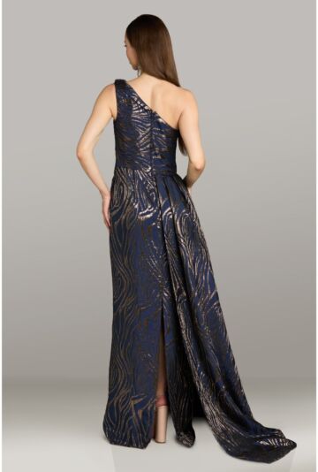 Feriani Couture 18591 One-Shoulder Side Overskirt Navy Dress