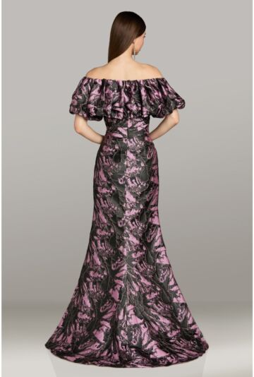 Feriani Couture 18594 Puff Sleeve V-Neck Black Lilac Dress