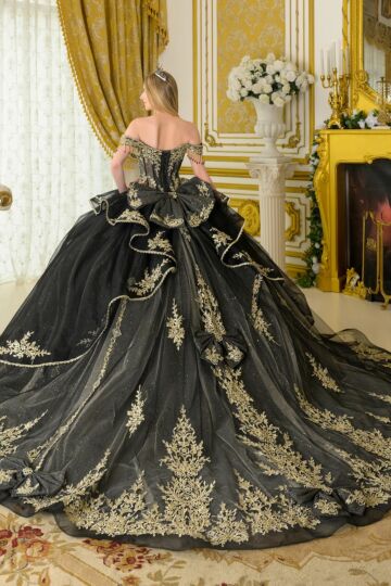Elizabeth K GL3670 Black Fringe Sleeve Off The Shoulder Quince Dress