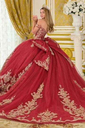 Elizabeth K GL3673 Burgundy Off The Shoulder Lace-Up Quinceanera Dress