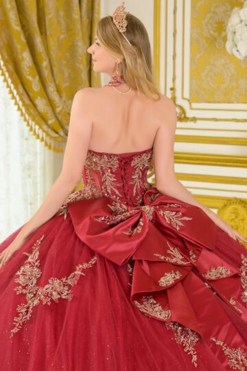 Elizabeth K GL3675 Burgundy Chapel Train with Choker Quinceanera Dress
