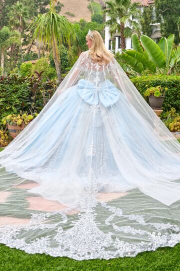Elizabeth K GL3707 Blue Two-Way Neckline with Cathedral Cape Dress
