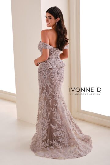 Ivonne D ID1209 Off The Shoulder Peplum Lace Dress