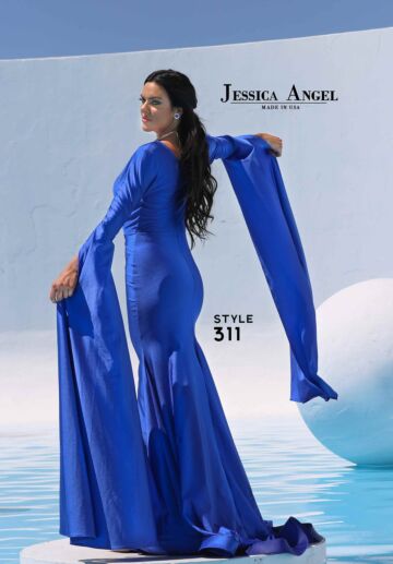 Jessica Angel 311 Floor-Length Sleeves Plunging Neck Dress