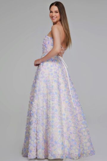Jovani K05939 3D Flowers Strapless Lace-Up Dress