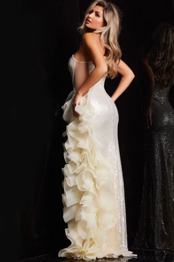 Jovani 37344 Ruffle Slit One Shoulder Dress