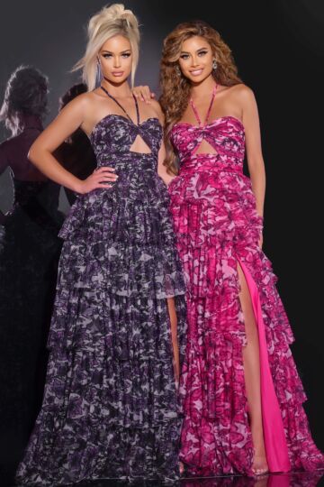 Jovani 40423 Ruffle Skirt Halter Neck Floral Dress