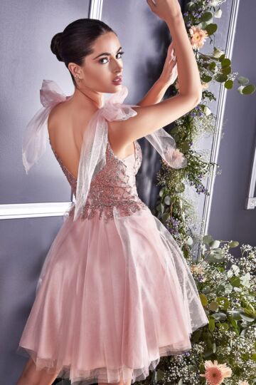 LaDivine Dress CD0174 Bow Plunging Neck Homecoming And Bat Mitzvah Dress