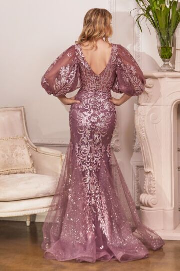 LaDivine Dress OC009 Puff Sleeve V-Back Mother Of The Bride Dress