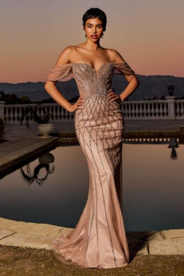 Ladivine CC477 Off-The-Shoulder Plunging Neck Beaded Dress