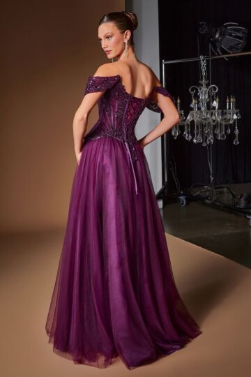 LaDivine CD657 Off The Shoulder Corset Bodice Eggplant Dress