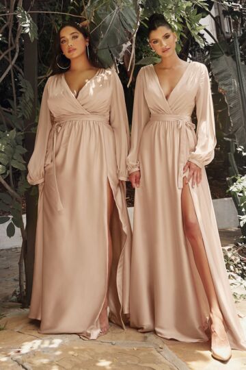 LaDivine 7475C Slit Sleeves Plunging Neck Dress