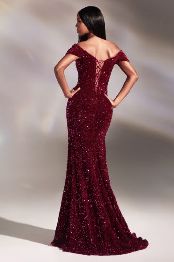 LaDivine CA109 Velvet Sequin Off The Shoulder Dress