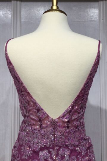 LaDivine CC2189 Plunging Neckline Shimmer Lace Dress