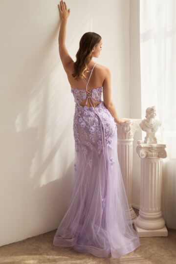 LaDivine CD995 Floral Appliques Lace-Up Dress