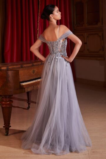 LaDivine SF009 Cold-Shoulder Tulle Overskirt Dress
