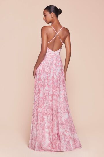 Ladivine 7444 Cowl Neck Crisscross Back Floral Dress