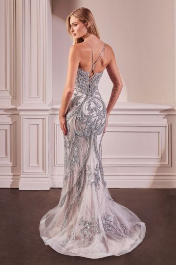 Ladivine CC0240 Plunging Neck Lace-Up Back Beaded Applique Dress