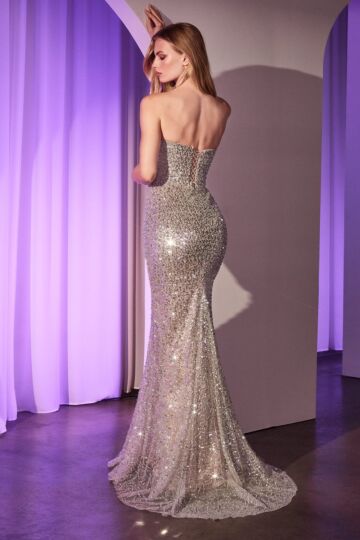 Ladivine CC385 Scoop Neck Slim-Flare Beaded Dress