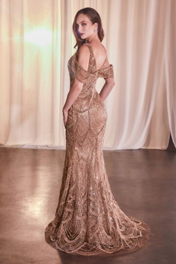 Ladivine CC4020 Sweetheart Neck Cold-Shoulder Beaded Dress