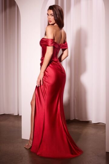 Ladivine CD370 Draped Skirt Off-The-Shoulder Satin Dress