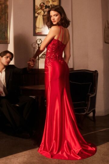 Ladivine CDS535 Asymmetric Neck Applique Bodice Side Slit Dress