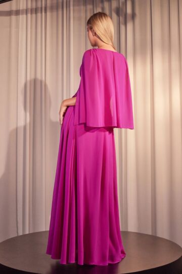Ladivine CH028 Ruched Bodice Cape Sleeve A-Line Dress