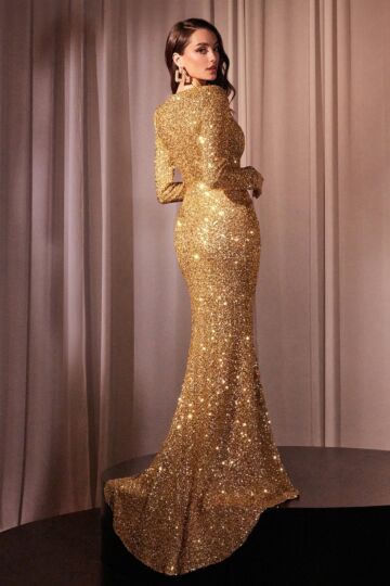 Ladivine CH054 Long Sleeve High Slit Sequin Dress