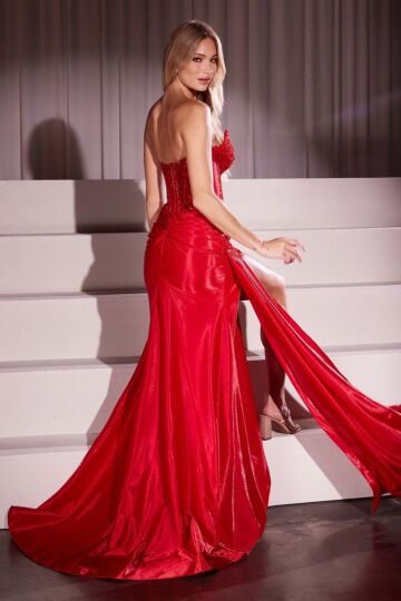 Ladivine CM369 Side Slit Strapless Corset Bodice Taffeta Dress
