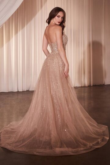 Ladivine CZ0028 Plunging Neck Tulle Overskirt Beaded Dress