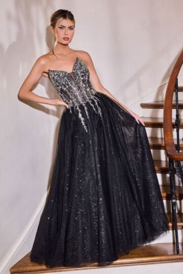 LaDivine CD721 Beaded Corset Bodice Strapless Lace Up Dress