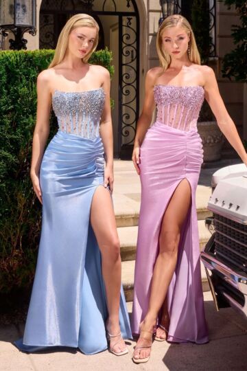 LaDivine CW301 Slit Skirt Pleated Waist Strapless Dress