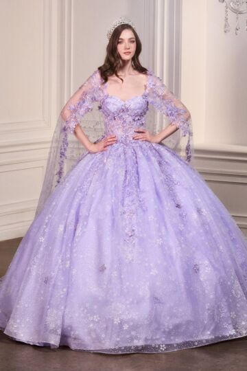 LaDivine 15719 Cape Train Floral Glitter Quinceanera Dress