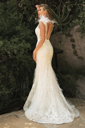 LaDivine C57W Feather Strap Plunging V-Back Bridal Gown