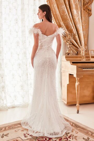 LaDivine CD0207W Off-The-Shoulder Feather Strap Wedding Gown