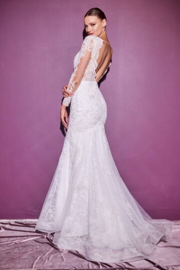 LaDivine CD951W Scalloped Neckline Illusion Sleeves Bridal Dress
