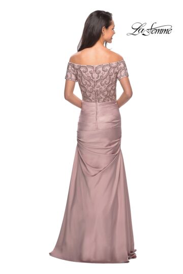 La Femme 25996 Beaded Sleeves Ruched Dress