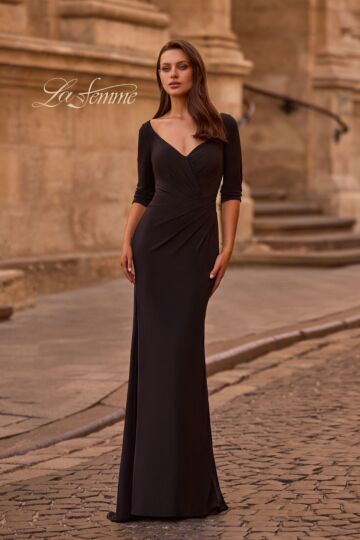 La Femme 26955 Three Quarter Sleeves Ruched Dress