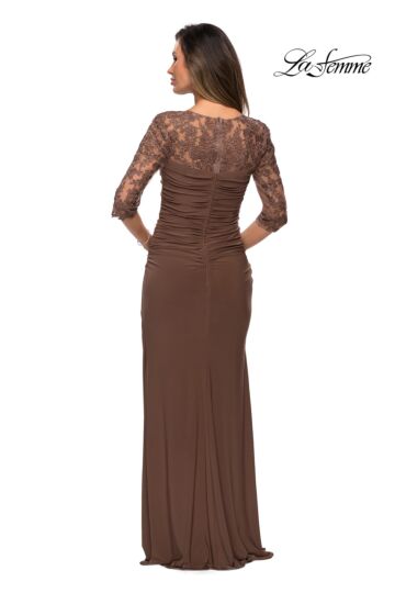 La Femme 28056 Lace Sleeves Ruched Dress