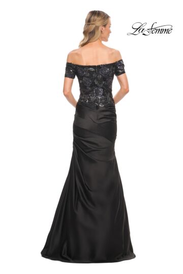 La Femme 30404 Floral Bodice Draped Skirt Dress