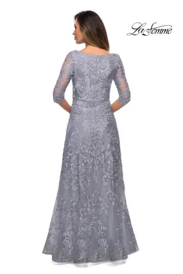 La Femme 27949 Illusion Sleeve Embroidered A-Line Dress