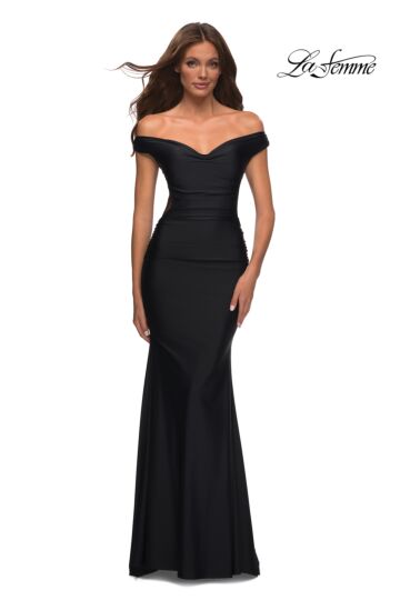 La Femme 30449 Sheer Corset Back Off-The-Shoulder Dress
