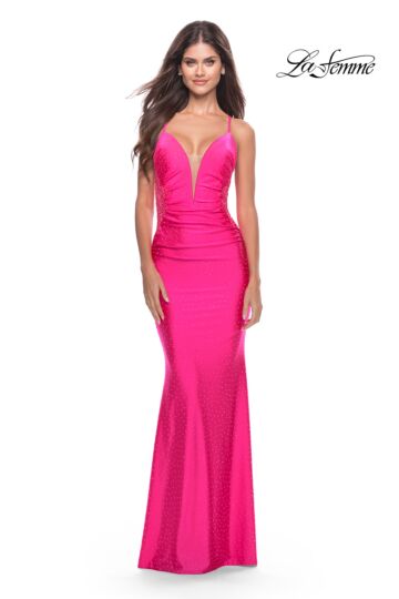 La Femme 31436 Floral Sides Plunging Neck Lace-Up Dress